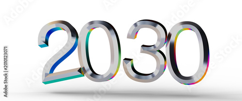 Photos 3D rendered image of the year 2030 in metallic silver with a futuristic rainbow reflection