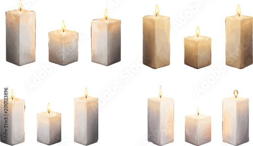 Foto Set of realistic white paraffin wax pillar candles with glowing orange flames fo