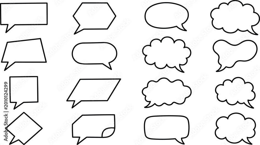Obraz premium Collection of comic speech and thought bubble outlines in grid layout for dialogue, design, and creative illustration projects