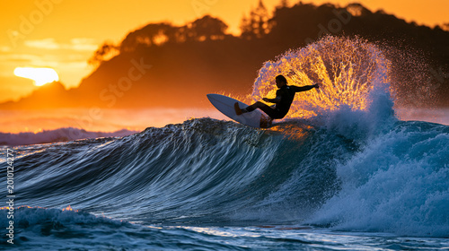 A surfer launches an aerial reverse above a glassy wave at first light, no one else in the water, tropical headland silhouetted in the background, pure freedom in the suspended moment, ideal for ext