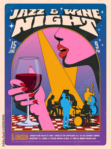 Retro jazz and wine night concert poster template 
with singer and jazz band silhouettes. Vintage groovy vector illustration.