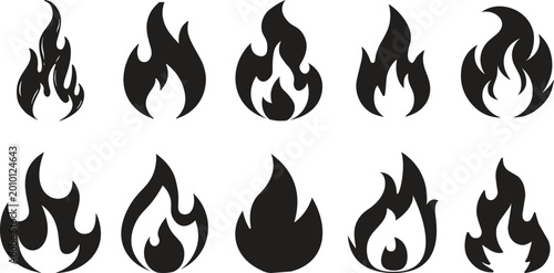 Fotografie Fire icon set collection group blazing flame burn heat energy spark ignite danger hazard hot temperature wildfire inferno campfire torch symbol graphic design element isolated vector