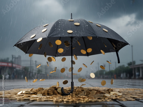 Monsoon Sale Umbrella with Rainy Gold Coins Creative Discount Banner Design Concept Offer
