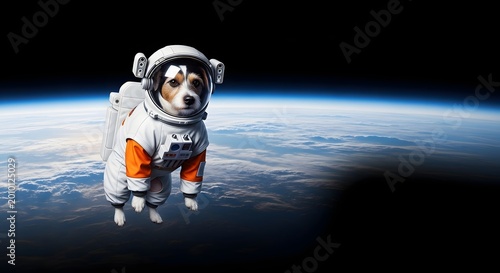 Astronaut dog floating in space with stunning earth view