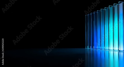 Black dark abstract background. narrow glass rays Vertical glass prism bars with neon blue glow. 3D render. Metallic reflective surface with luminous gradient light reflection. Iridescent glass 