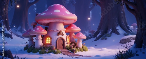 Fantasy mushroom house sits in snowy winter forest. Tiny glowing lights dot trees and ground around small whimsical home. Pink spotted toadstools create magical fairytale scene.
