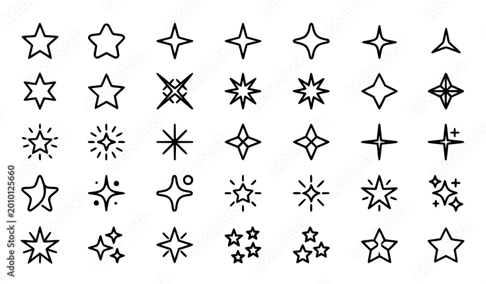Obraz premium Minimal star and sparkle icon set with geometric shine symbols in clean outline style for ui and web vector illustration