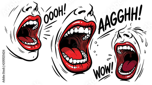 Expressive Mouths Wide Open With Exclamations of Joy, Surprise, and Pain in Bold Graphic Art