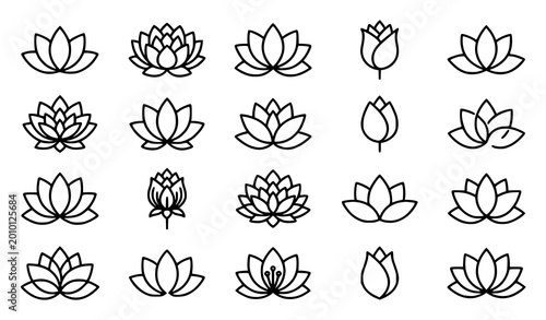 Fotografía Minimal lotus flower icon set with elegant outline petals in simple modern style