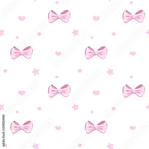 Seamless pattern with pink bows, hearts and stars