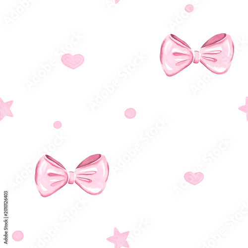 Seamless pattern with pink bows, hearts and stars