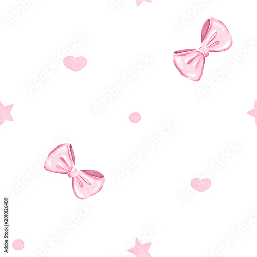 Seamless pattern with pink bows, hearts and stars