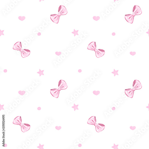 Seamless pattern with pink bows, hearts and stars