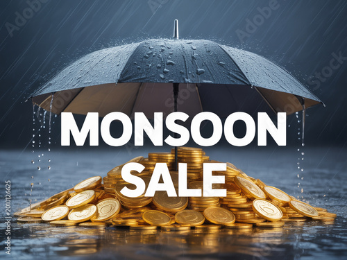 Monsoon Sale Umbrella with Rainy Gold Coins Creative Discount Banner Design Concept Offer