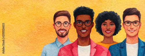 diverse group of young professionals smiling together in watercolor style illustration with copy space representing positive workplace culture and team collaboration concept