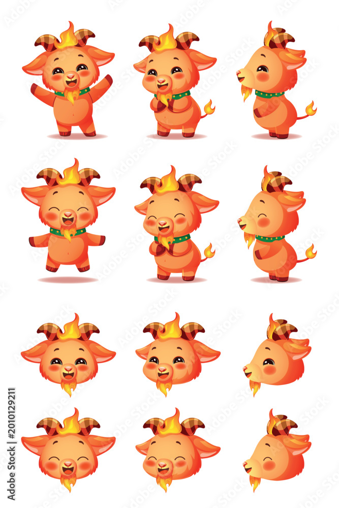 Obraz premium Cute Fire Goat Character Laugh Set, Chinese Zodiac New Year Symbol