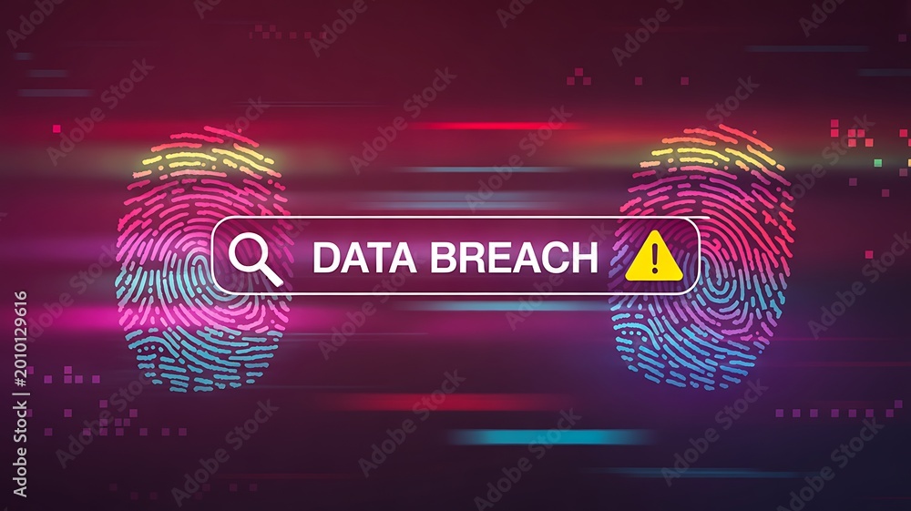 Fototapeta premium Data breach security concept with fingerprint scan and digital cyber warning