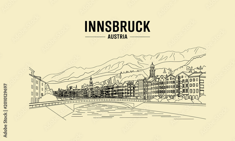 Fototapeta premium Innsbruck Austria Cityscape Sketch with River and Mountains Keywords: Innsbruck, Austria