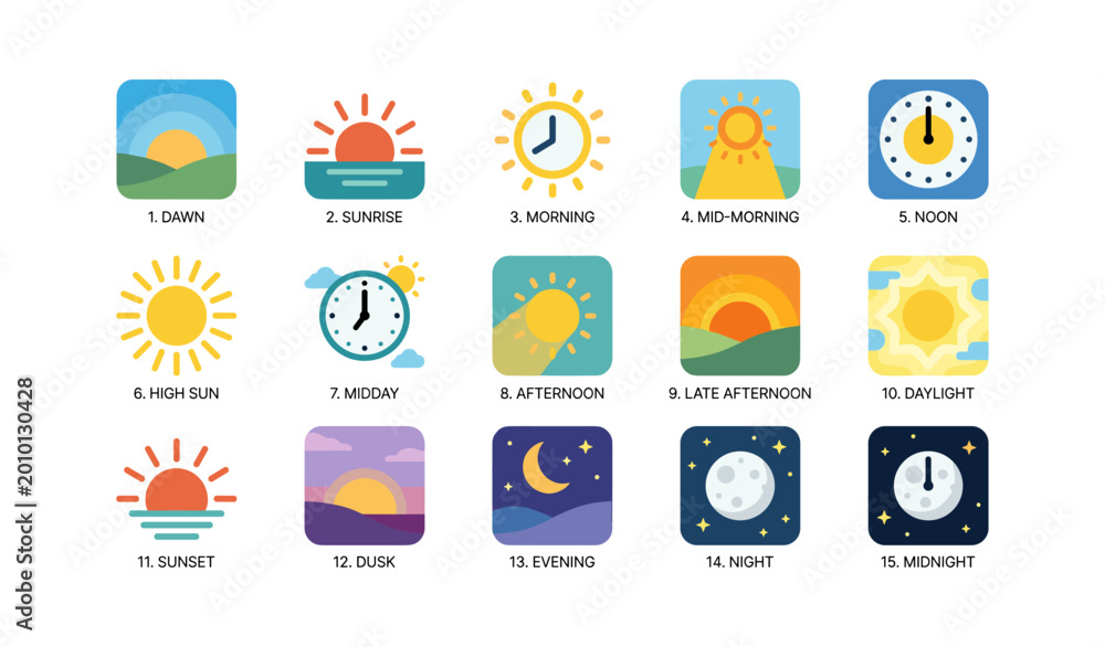 Fototapeta premium Grid of time of day icons showing dawn to midnight