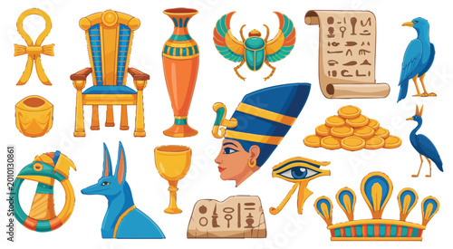 Foto Ancient Egypt game icon set featuring gold scarab stone tablet pharaoh throne pa