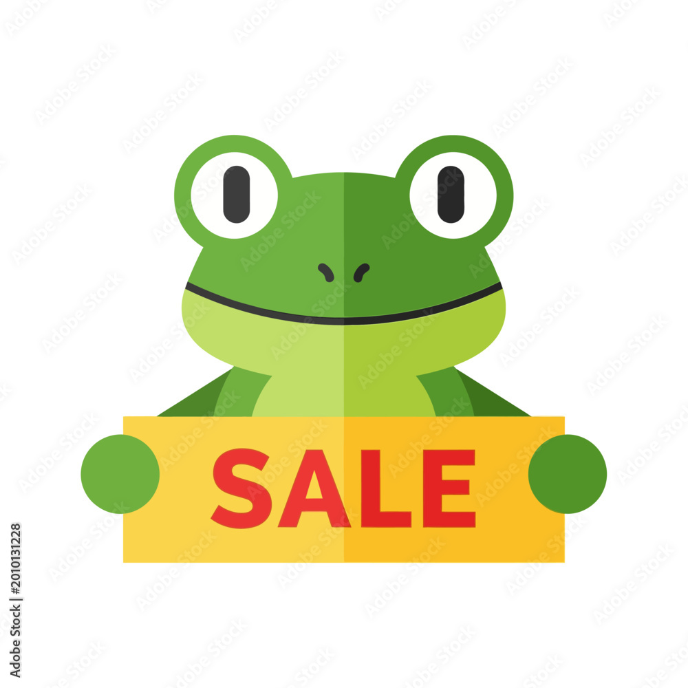 Fototapeta premium Cute cartoon frog holding a yellow sign with the word SALE in red, isolated on white background, illustration