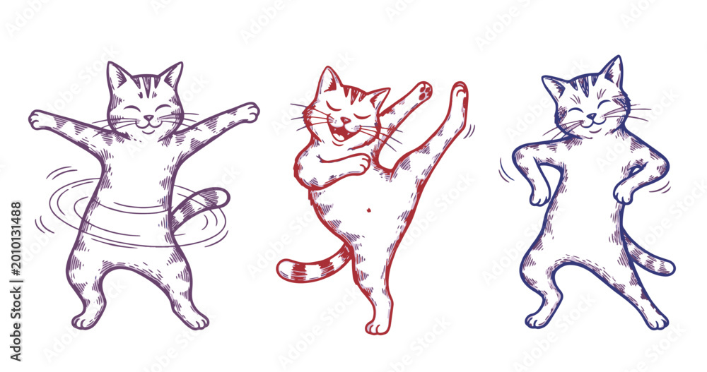 Naklejka premium Dancing Cat Character Doodle Set – Cartoon Kitten Poses Hand Drawn Sketch Illustration