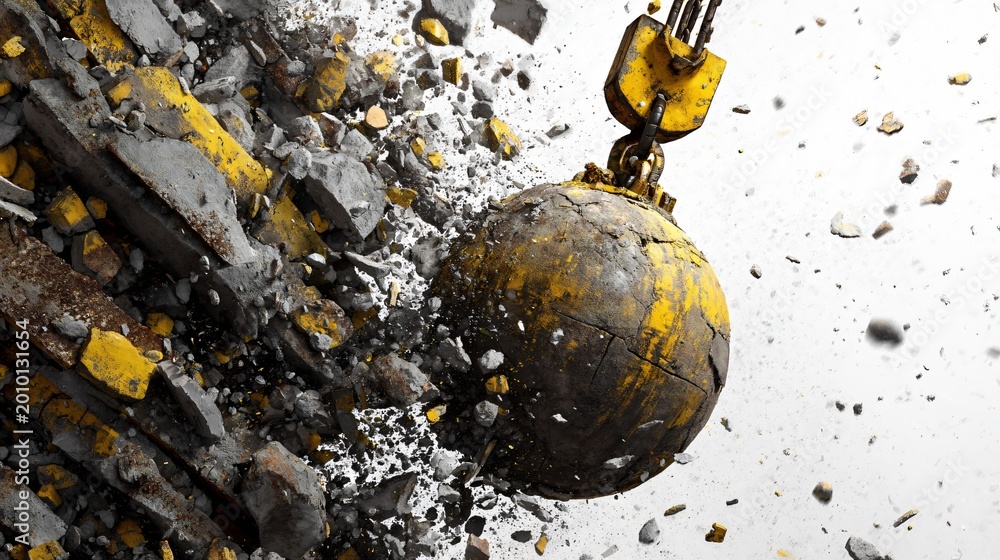 Fototapeta premium Demolition ball smashing through concrete wall with rubble flying