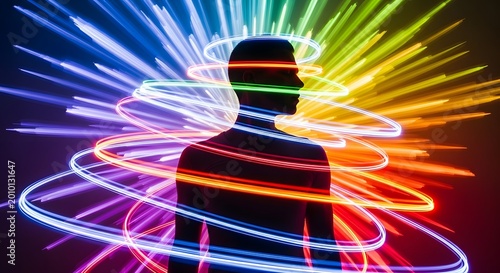 Silhouette of a man surrounded by rainbow light trails. Speed and digital transformation concept. Person standing inside glowing colorful neon energy swirls