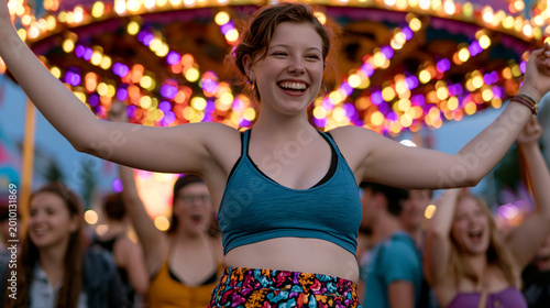 Full-figured teenager in bold patterned shorts laughing freely at a crowded summer street fair, carnival lights glowing at dusk, friends cheering around her, perfect for body positivity, teen confid