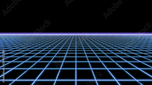 A glowing blue grid extends toward a purple horizon, creating a futuristic digital landscape with a neon, retro, sci-fi aesthetic.