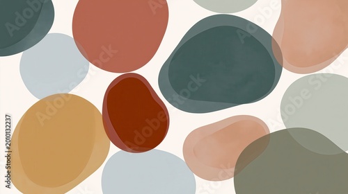 Abstract art featuring overlapping organic shapes in muted earth tones on a light background.