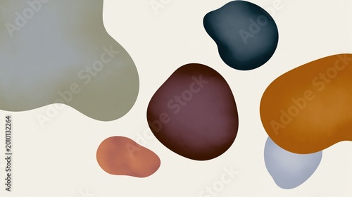 Abstract shapes in earthy tones float on a light background, creating a modern, minimalist composition with soft edges and organic forms.