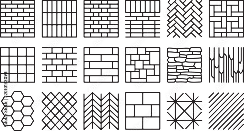 Fototapeta premium Set of various brick and stone wall patterns in black outline vector illustration for architectural design