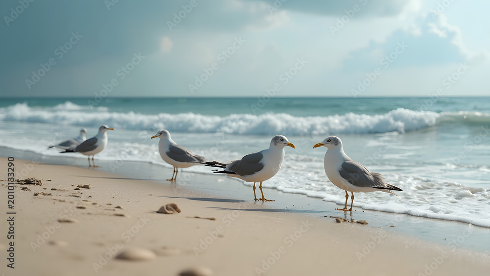 Fototapeta premium Seagulls at the beach. Beach seagulls feeding. Seagulls and beach activities. How seagulls interact at the shore.
