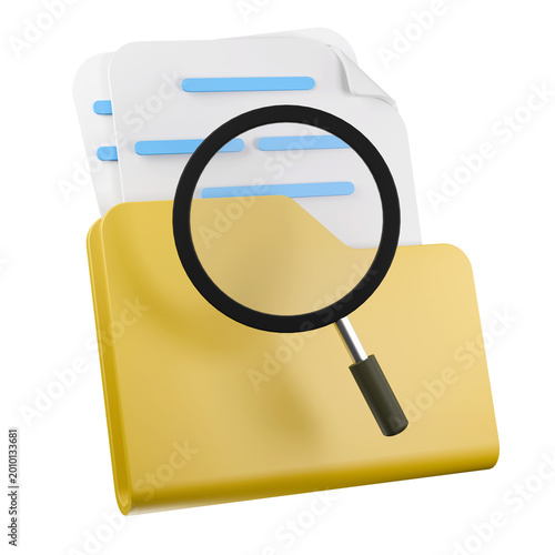 File Analysis Illustration: A file folder containing documents is examined through a magnifying glass, depicting the in-depth scrutiny of information and data