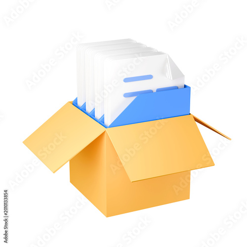 Box of Documents: An open cardboard box overflowing with neatly organized documents, symbolizing the organized structure and management of a task or concept.