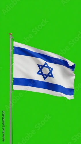 Israeli flag waves gently against a vibrant green screen. Its stripes and Star of David flutter in a soft breeze. The flag stands on a thin metal pole, centered in the frame