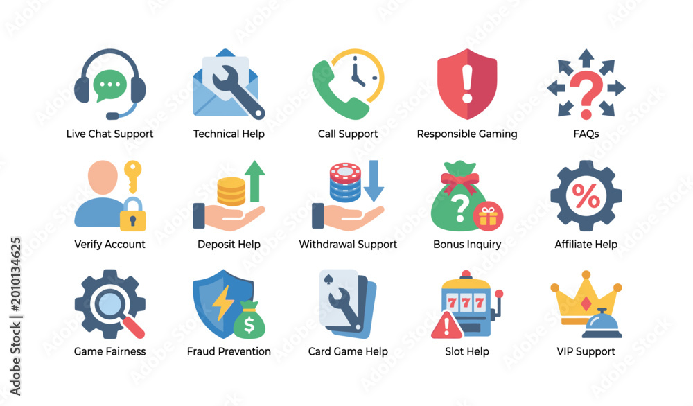 Fototapeta premium Support icons showing help categories for casino on white background