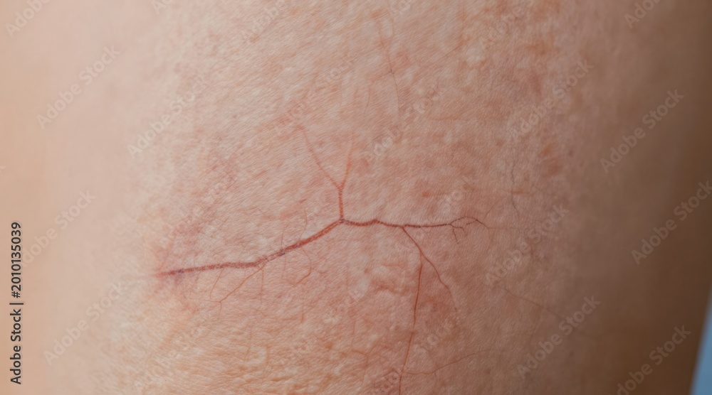 Fototapeta premium Spider veins visible on human leg skin, showing red and purple vascular network. Ageing, circulation, and dermatology issues, need for treatment or prevention.