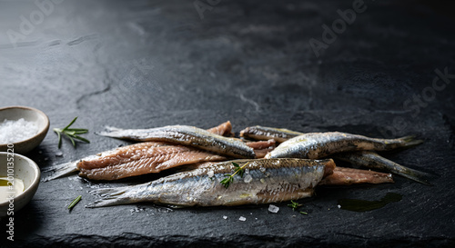 Freshly Prepared Fish with Herbs and Salt on a Dark Slate Surface Ideal for Culinary Display and Seafood Recipes