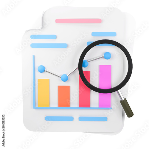 Data Analysis Magnified: An eye-level shot captures a magnifying glass focused on a detailed business chart and graph. The shot embodies the idea of analytical research in a clean and modern style.