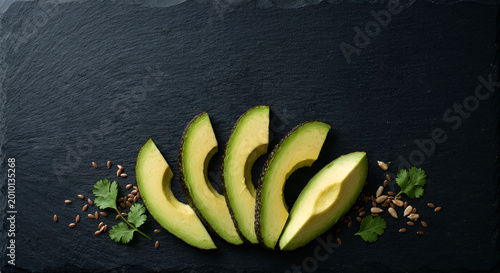 Freshly sliced avocado with herbs and seeds on dark stone background for healthy eating presentation