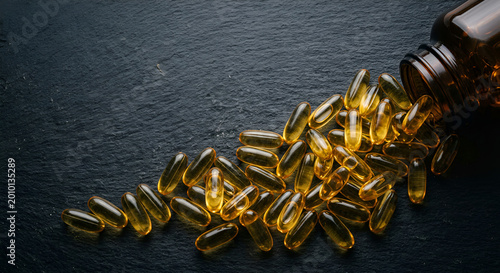 Close-up of a spilled bottle of fish oil capsules on a dark textured surface highlighting health supplement vitamins