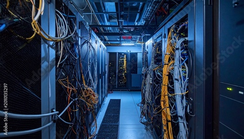 Messy Network Cables Connected To Server Rack In Dark Data Center