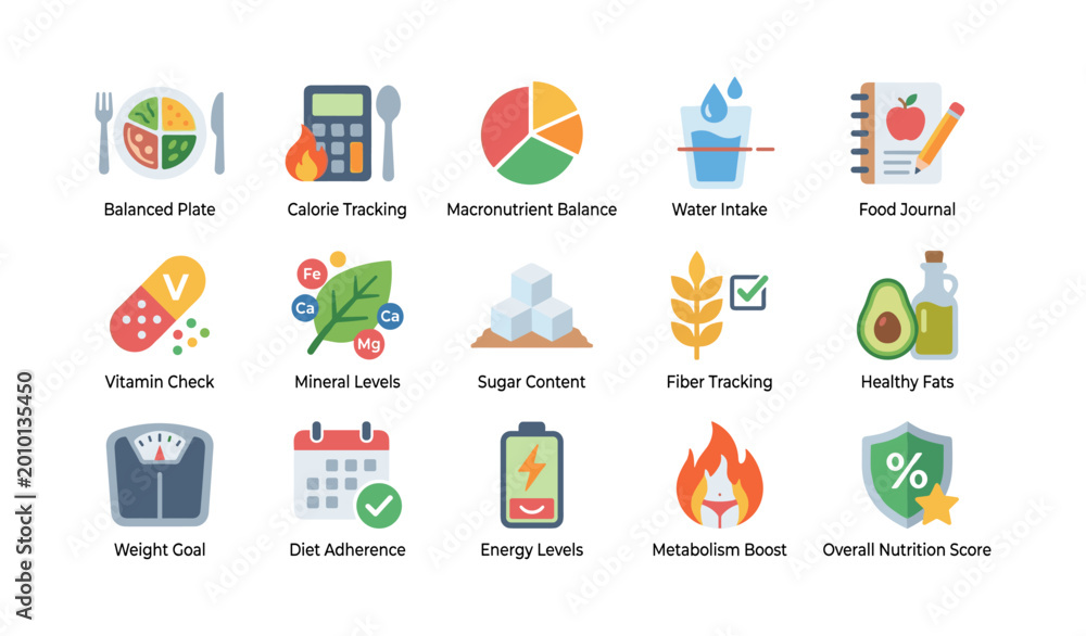 Fototapeta premium Nutrition and diet icons arranged in grid on white background