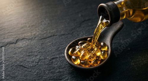 Close-up of golden fish oil capsules being poured into a black spoon on a dark textured surface emphasizing health supplements