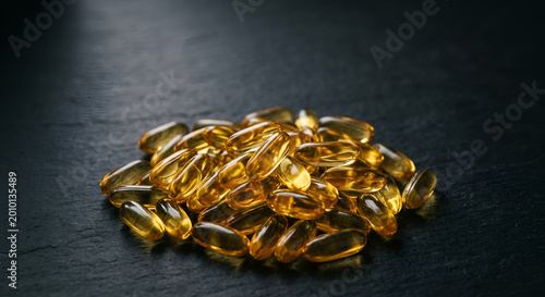 Close-up view of a pile of golden fish oil capsules on a dark textured surface for supplement and health product visualization