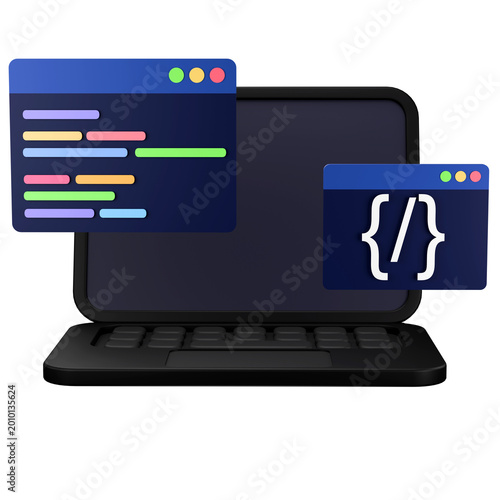 Digital Canvas: An illustration of a laptop computer with coding windows that displays the world of software development and digital creativity.