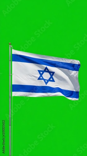 Israel flag waves gently on green screen background. Wind shifts the fabric, creating soft folds. The design stays crisp and bold throughout. Ideal for presentations, overlays, or digital composites