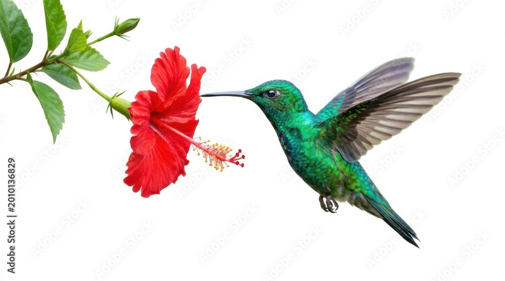 Fototapeta premium Hummingbird Feeding on Red Hibiscus Flower White Background